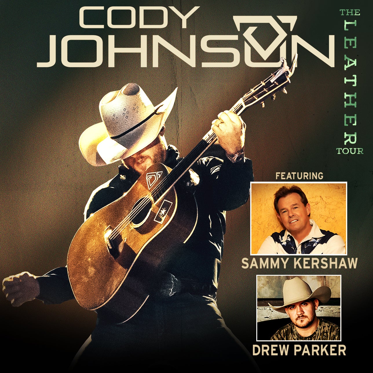 The image shows a promotional graphic for a Cody Johnson concert at the Xcel Energy Center. The graphic features a close-up of Cody Johnson, wearing a cowboy hat and a button-down shirt, with a serious expression on his face. The background is a gradient of dark shades, highlighting Cody Johnson in the foreground. The text in the image indicates that the concert is taking place at the Xcel Energy Center, with Cody Johnson's name prominently displayed.